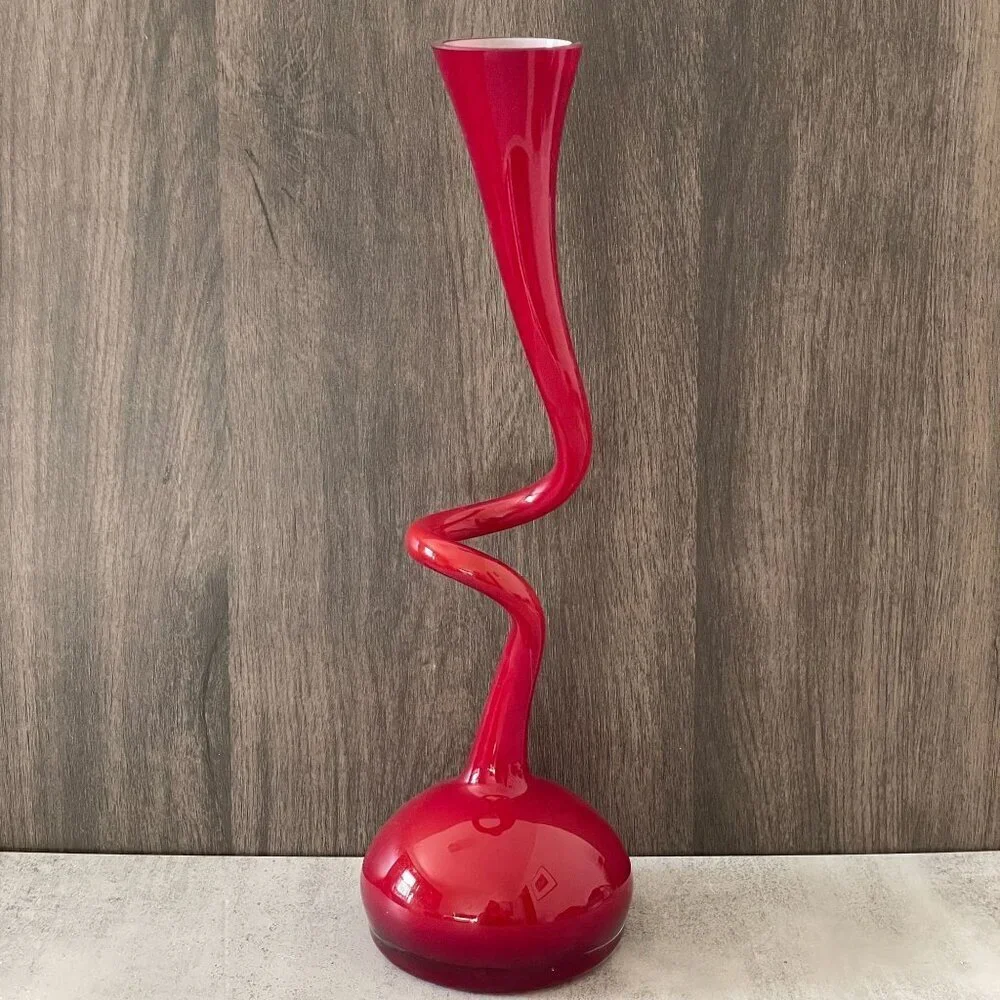 Normann Copenhagen Denmark Vintage Red Cased Glass Corkscrew Swing Vase 16